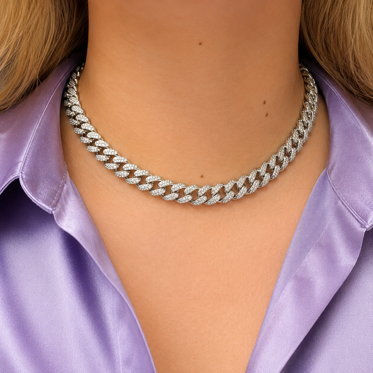 "Diamond cuban" zilverkleurige ketting (10mm)